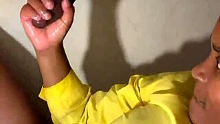 Lactating babe milks huge tits on desk solo