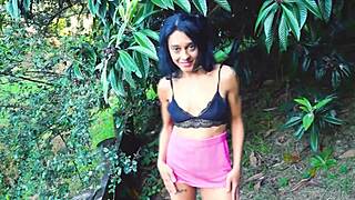 Petite Yasmine strips juicy pussy backyard