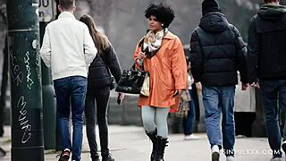 Close-up ebony babe deepthroats big black cock before bent over doggystyle fucking