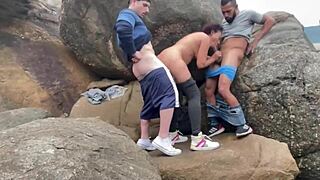 Married woman screams ecstasy fucking two on beach sands