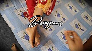 Desi stepmom's teasing footjob slides into hairy pussy play