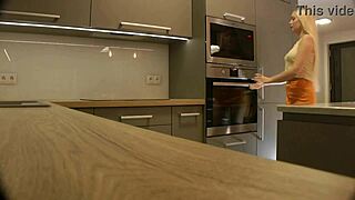 Blonde coed miniskirt flashes long legs ass kitchen heels