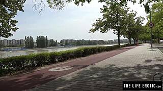 cute brunette milf fingers pussy while jogging in public park