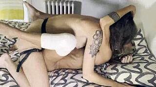 rita blue takes hard strap-on pounding in lesbian frenzy