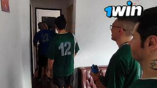 Girlfriend Deepthroats Boyfriend's Soccer Team Bareback Blowjobs Cum Covered