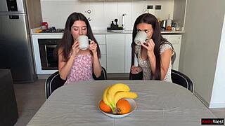 hot threesome! two brunettes lick pussy kiss cum after creampie swap