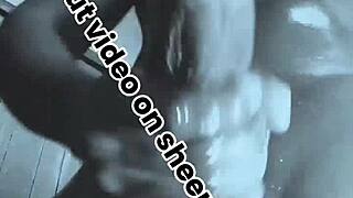 i sneak peeks at muscular black bodybuilder's horny oiled monster cock masturbation