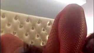 Horny Ebony Babe In Fishnets Squirts On Dildo