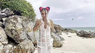 monika fox fucks shaved pussy with big dildo on beach 🌊🍆💦