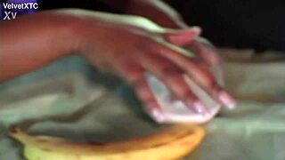 Banana shoved deep in those big natural tits during casting interview!