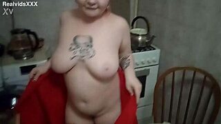 Chubby tattooed wife gulps milk, deepthroats cock then swallows hot facial cum
