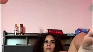 Stretching on bed turns into horny latina dildo pussy fucking
