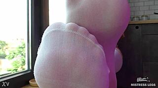 morning coffee turns into white pantyhose foot tease