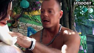 Busty Brunette Backpacker Fucks Hostel Staff Spooning Hard!