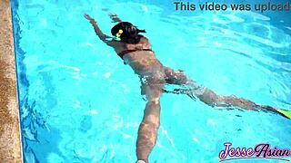 Petite asian plugs ass swims then plays poolside!