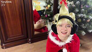 Petite blonde college student in Cindy Lou Christmas cosplay uniform taboo tease