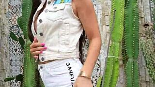 cute brunette flashes pussy in tight white jeans outdoors