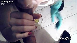 Blonde Milf Sucks Cock Wearing Tight Latex Gloves