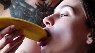 Tattooed Skin Piel Tatuada Enjoys Banana Playful Moments