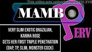 Exotic Brazilian Karina Rose's slim waist shakes in first triple anal DAP with monster black cocks OB384