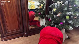 Petite blonde college student in Cindy Lou Christmas cosplay uniform taboo tease