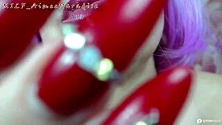 A depraved mature bitch with purple hair and big tits masturbates pussy gaping dildo close up!