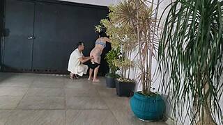 Risky Garage Bareback With Neighbor While Cuckold Showers