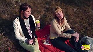 picnic with brunette pals turns wildly lesbian using strapon outdoors