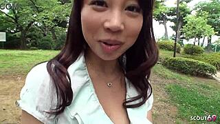 Skinny Japanese teen swallows stranger cock in public pov?