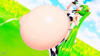 Cowgirl mulher-vaca cosplay swells belly and milks huge tits riding