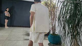 Risky Garage Bareback With Neighbor While Cuckold Showers