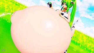 Cowgirl mulher-vaca cosplay swells belly and milks huge tits riding