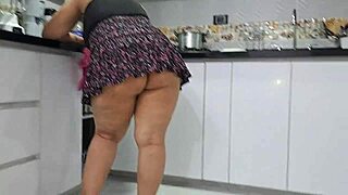 curvy colombian stepmom in kitchen panties begs stepson to fuck her fat pussy deep