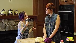 a short haired lesbian bimbo roughly drills super sexy slut's hairy puffy pussy with toy