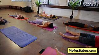 blonde lindsey lakes slurps cum during yoga creampie fuck