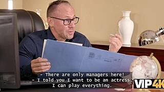 sexy blonde's long legs spread wide in casting fuck