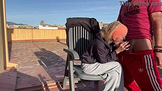 Wife Sucks Neighbor's Cock Deep On Balcony Swallows Cum Homemade Close-Up