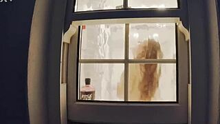 Peeking at Chubby Neighbor's Wet Shower Pussy Flash!