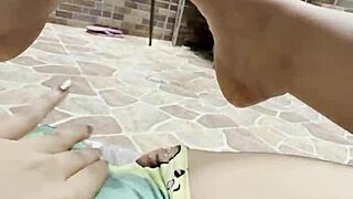 alone on balcony fingering shaved pussy while stepbro cooks close up