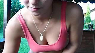 hey check this teen stripping outdoors ripping clothes showing cameltoe and toes