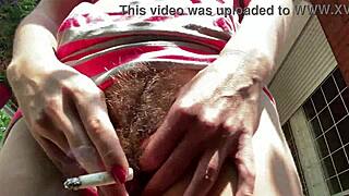 i spot her hairy bush upskirt outdoors smoking two cigarettes