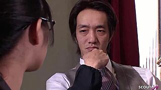 petite glasses secretary contrasts innocence seducing ugly boss's fat cock