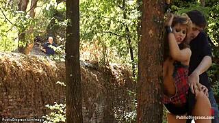 Bound european slut humiliated fucked public by group