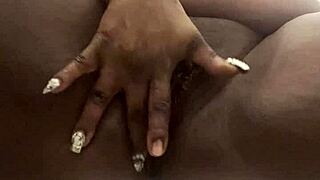 Fresh ebony wife fingers shaved pussy right after steamy shower!