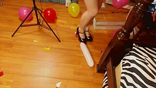 hey fifi foxx pops balloons wearing those sexy high heels