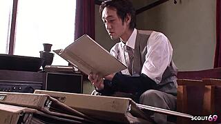 petite glasses secretary contrasts innocence seducing ugly boss's fat cock