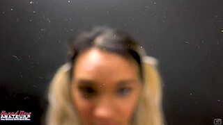 petite brunette coed sabrina rubs her shaved tits while sucking hard interracial cock