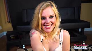 inked skinny blonde myaa jerks cock then pussy slammed!