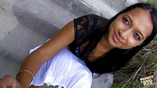 Saucy Brunette Dares Outdoor Threesome With Double Anal Doggystyle