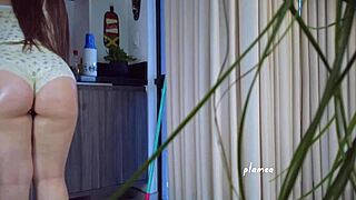 thick latina housewife ass in thong panties while arranging bed seductively